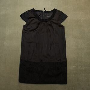 Rare Hanii Y designer black cap-sleeve satin and brocade shift dress